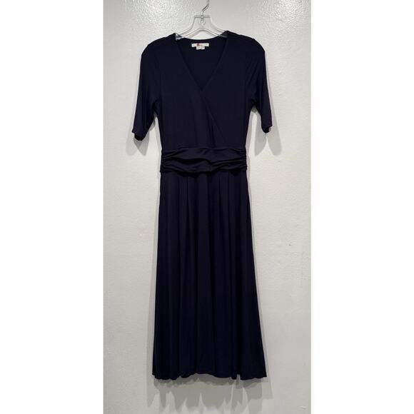 Boden Kassidy Jersey Midi Dress Women’s Size 4 Navy Blue V Neck Pockets Stretch - Picture 1 of 7